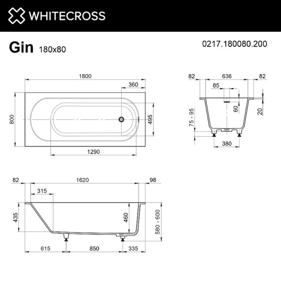 Ванна из искусственного камня Whitecross Gin 180x80 0217.180080.200 Белая матовая без гидромассажа