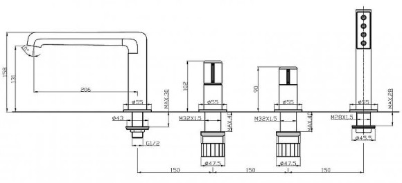Смеситель на борт ванны BelBagno Uno UNO-BVD4-CRM Хром