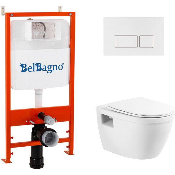 Комплект унитаза с инсталляцией BelBagno Loto BB070CHR/SC/BB026/BB042BL с сиденьем Микролифт и Белой глянцевой клавишей смыва