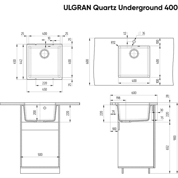 Кухонная мойка Ulgran Quartz Underground 400-04 Платина