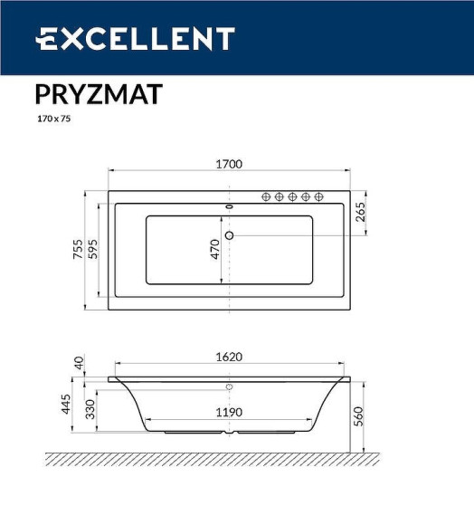 Акриловая ванна Excellent Pryzmat Slim 170x75 WAEX.PRY17S.SMART.GL с гидромассажем