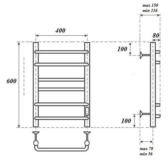 Электрический полотенцесушитель Point Сатурн PN90846 П6 400x600 диммер справа Хром Электрический полотенцесушитель Point Сатурн PN90846 П6 400x600 диммер справа Хром