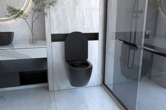 Комплект унитаза с инсталляцией Abber Bequem AC1100MB-AC0105-AC0121MB с сиденьем Микролифт и Черной матовой клавишей смыва