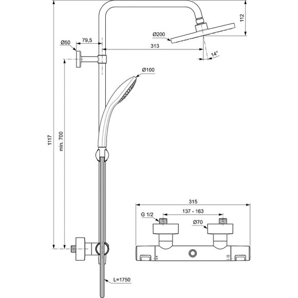Душевая система Ideal Standard Ceratherm T25 A7545XG с термостатом Черная матовая Душевая система Ideal Standard Ceratherm T25 A7545XG с термостатом Черная матовая