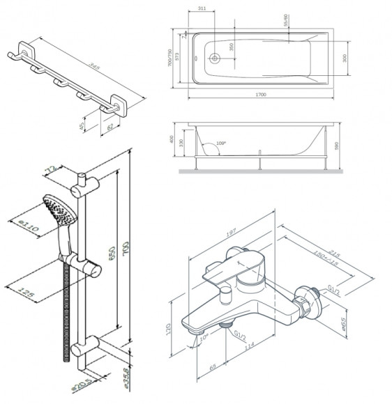 Комплект акриловой ванны AM.PM Gem 170х70 WK90EA без гидромассажа со смесителем с душевым гарнитуром и аксессуарами для ванной комнаты Комплект акриловой ванны AM.PM Gem 170х70 WK90EA без гидромассажа со смесителем с душевым гарнитуром и аксессуарами для ванной комнаты