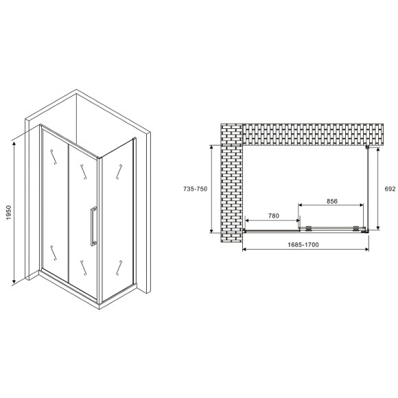 Душевой уголок Abber Schwarzer Diamant 170x75 AG30170H-S75 профиль Хром стекло прозрачное Душевой уголок Abber Schwarzer Diamant 170x75 AG30170H-S75 профиль Хром стекло прозрачное