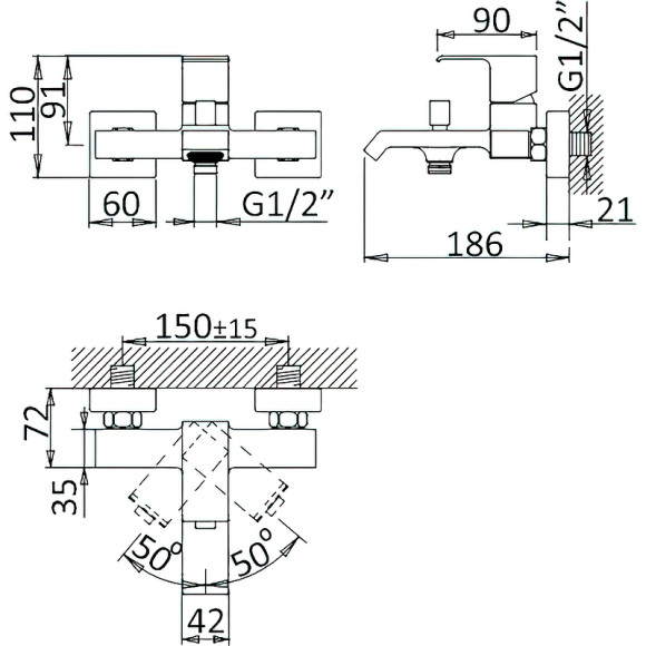 Смеситель для ванны Cezares Porta-VM-NOP Черный матовый