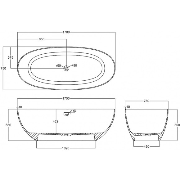 Ванна из полиэфирной смолы Abber Kristall 170х75 AT9703Vesuvian Оливковая без гидромассажа