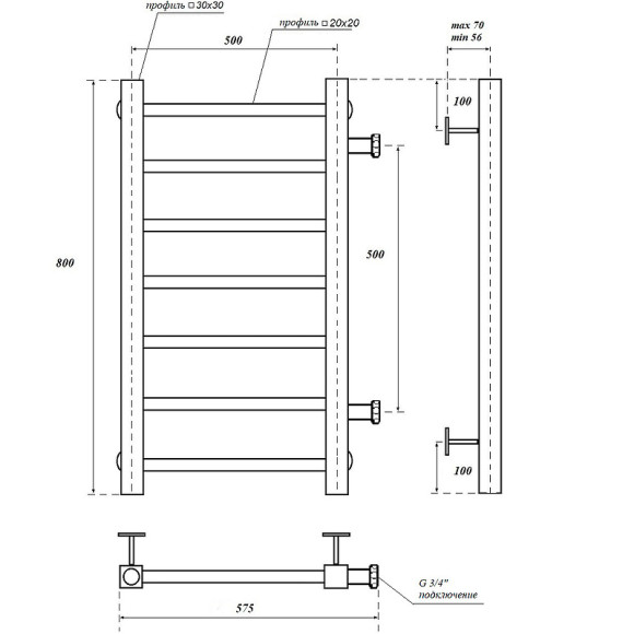 Водяной полотенцесушитель Point Вега PN71558 П7 500x800 с боковым подключением Хром Водяной полотенцесушитель Point Вега PN71558 П7 500x800 с боковым подключением Хром