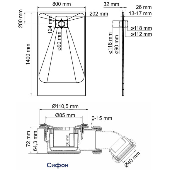 Душевой поддон из стеклопластика WasserKRAFT Elbe 140x80 74T35 Черный матовый