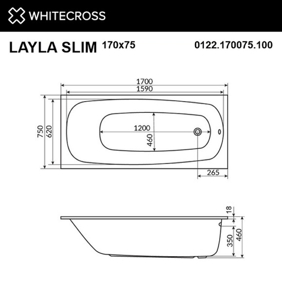 Акриловая ванна Whitecross Layla Slim 170x75 0122.170075.100.SMARTNANO.GL с гидромассажем Акриловая ванна Whitecross Layla Slim 170x75 0122.170075.100.SMARTNANO.GL с гидромассажем