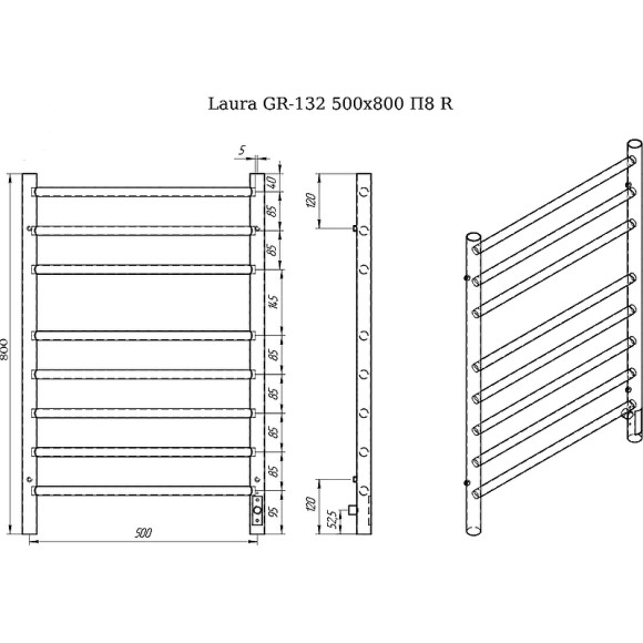 Электрический полотенцесушитель Grois Laura GR-132 500x 800 RAL 9005 П8 R Черный матовый Электрический полотенцесушитель Grois Laura GR-132 500x 800 RAL 9005 П8 R Черный матовый