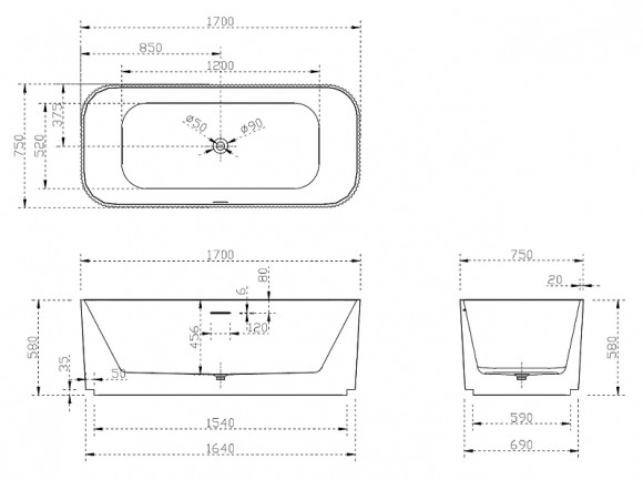 Акриловая ванна Abber 170х75 AB9363-1.7 без гидромассажа