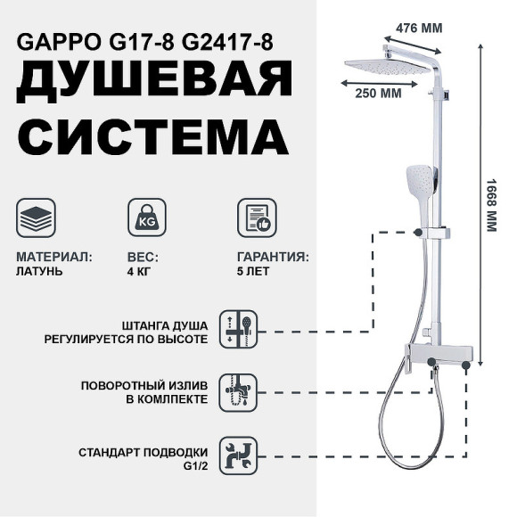 Душевая система Gappo G17-8 G2417-8 Белая Хром Душевая система Gappo G17-8 G2417-8 Белая Хром
