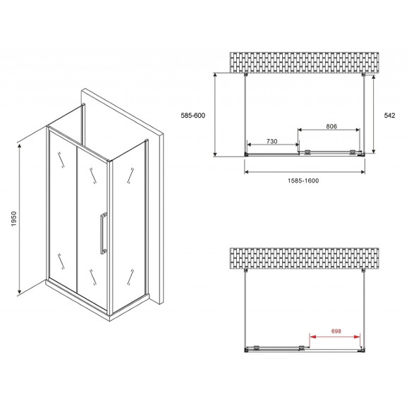Душевой уголок Abber Schwarzer Diamant 160x60 AG30160MH-S60M-S60M профиль Хром стекло матовое Душевой уголок Abber Schwarzer Diamant 160x60 AG30160MH-S60M-S60M профиль Хром стекло матовое