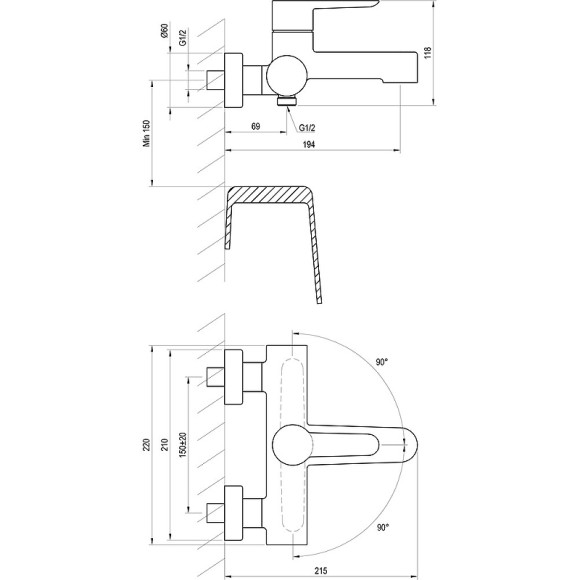 Смеситель для ванны Ravak Puri PU 022.00/150 X070115 Хром Смеситель для ванны Ravak Puri PU 022.00/150 X070115 Хром
