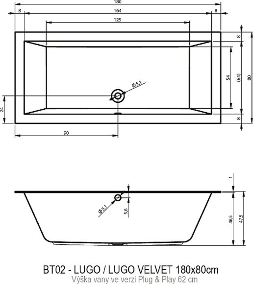 Акриловая ванна Riho Lugo 180х80 R B133015005 (BD6300500000000) без гидромассажа