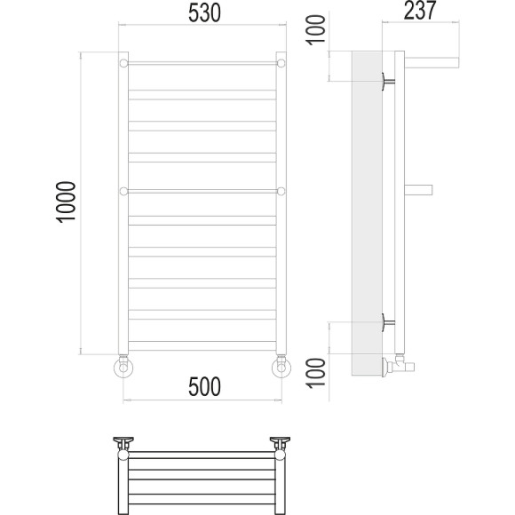Водяной полотенцесушитель Terminus Хендрикс П10 500х1000 4670078529824 с полкой Хром, нижнее подключение, G 1/2" ВР, с угловым соединением Водяной полотенцесушитель Terminus Хендрикс П10 500х1000 4670078529824 с полкой Хром, нижнее подключение, G 1/2" ВР, с угловым соединением