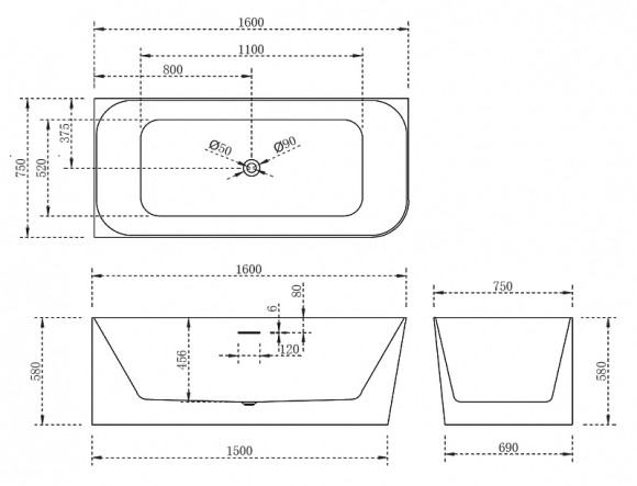 Акриловая ванна Abber 160х75 AB9331-1.6L без гидромассажа Акриловая ванна Abber 160х75 AB9331-1.6L без гидромассажа