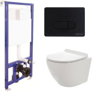 Комплект унитаза AQUAme AQM2002 с инсталляцией Berges Novum D5 040235 с сиденьем Микролифт и Черной матовой клавишей смыва