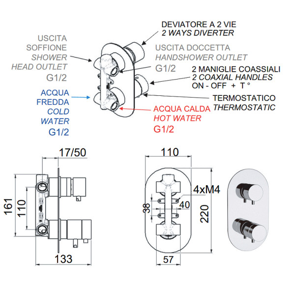 Смеситель для душа Remer Minimal Thermo NT92 с термостатом Хром Смеситель для душа Remer Minimal Thermo NT92 с термостатом Хром