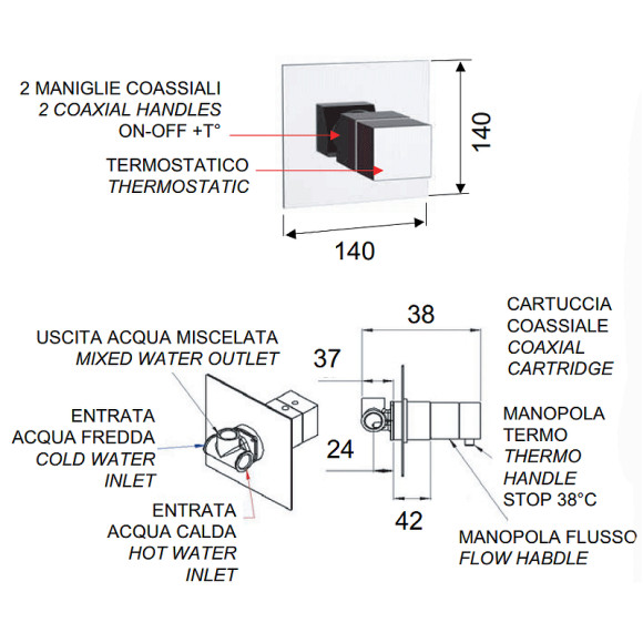 Смеситель для душа Remer Qubica Thermo QT30NO с термостатом Черный матовый Смеситель для душа Remer Qubica Thermo QT30NO с термостатом Черный матовый