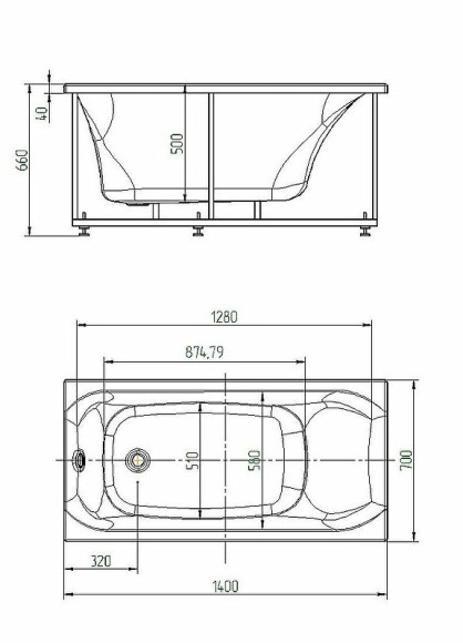 Акриловая ванна Aquatek Альфа 140x70 ALF140-0000024 без гидромассажа с фронтальной панелью с каркасом (разборный) со слив-переливом (справа)