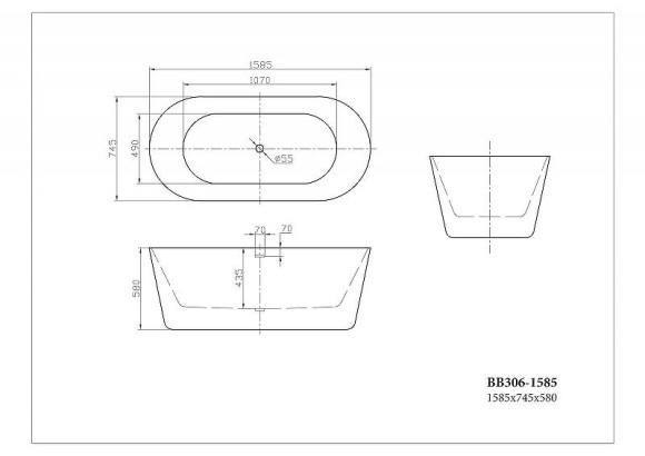 Акриловая ванна BelBagno 158х74 BB306-1585 без гидромассажа Акриловая ванна BelBagno 158х74 BB306-1585 без гидромассажа