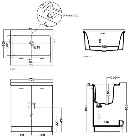 Тумба с хозяйственной раковиной Kerasan Aquadom 75 9164k3*1 Белая с отверстием под смеситель