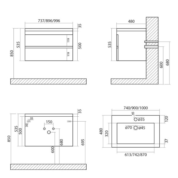 Тумба под раковину Art&Max Family-1000-2C-SO-CV подвесная Цемент