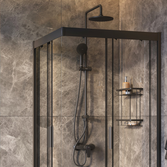 Комплект душевого уголка с душевой системой и аксессуарами AM.PM Gem 90x90 WK90EO профиль Черный матовый стекло прозрачное Комплект душевого уголка с душевой системой и аксессуарами AM.PM Gem 90x90 WK90EO профиль Черный матовый стекло прозрачное
