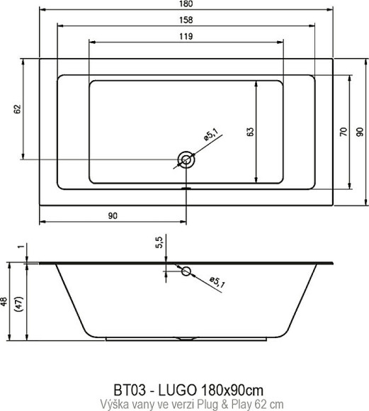 Акриловая ванна Riho Lugo 180х90 L B134015005 (BD6600500000000) без гидромассажа