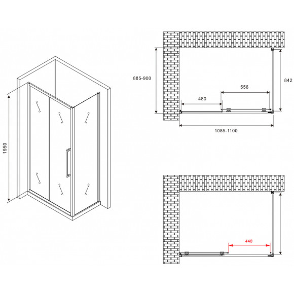 Душевой уголок Abber Schwarzer Diamant 110x90 AG30110BMH-S90BM профиль Черный стекло матовое