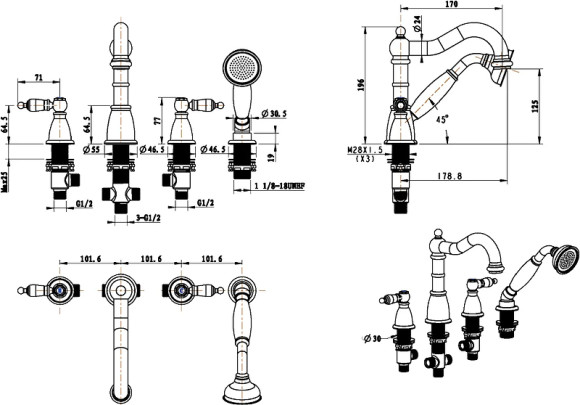 Смеситель на борт ванны Boheme Royal Cristal 395-Royal Золото