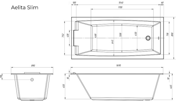 Акриловая ванна Marka One Aelita 170x90 Slim 01ае1790слим без гидромассажа