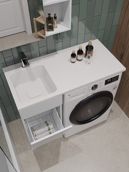 Тумба с раковиной Orange Sistema 100 L STK-40TUW+RAL с бельевой корзиной Белая Тумба с раковиной Orange Sistema 100 L STK-40TUW+RAL с бельевой корзиной Белая