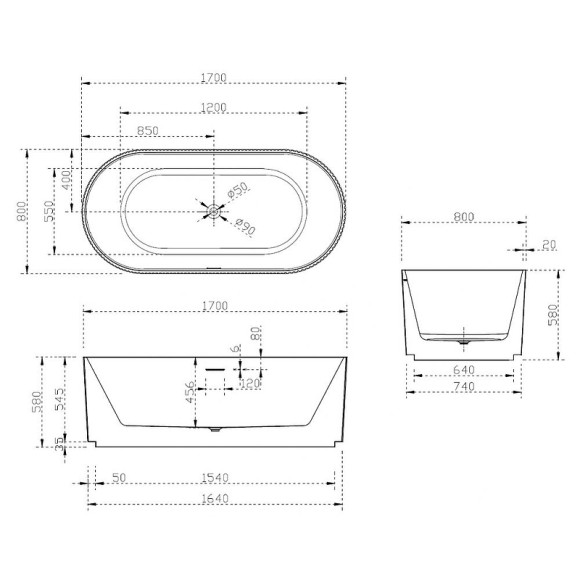Акриловая ванна Abber AB9325-1.7 170х80 без гидромассажа