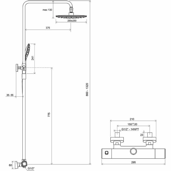 Душевая система Ravak 10° Free TD F 091.00/150 X070141 с термостатом Хром Душевая система Ravak 10° Free TD F 091.00/150 X070141 с термостатом Хром