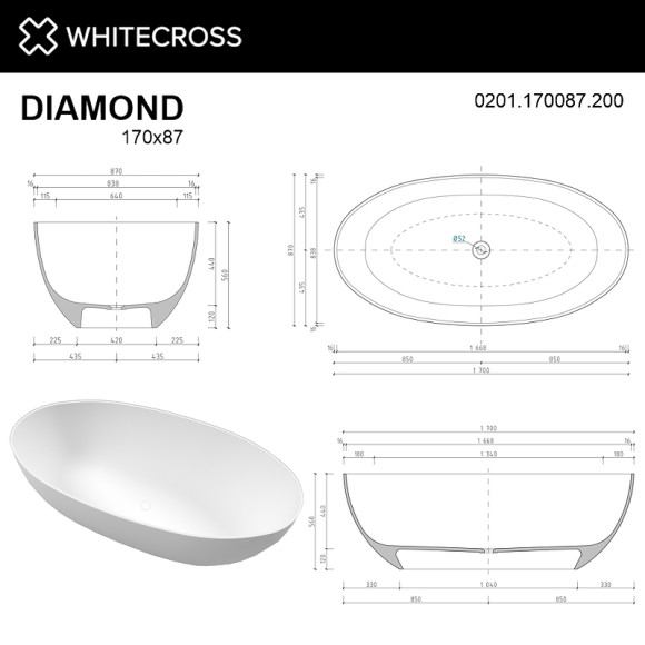 Ванна из искусственного камня Whitecross Diamond 170x87 0201.170087.200 Белая матовая без гидромассажа Ванна из искусственного камня Whitecross Diamond 170x87 0201.170087.200 Белая матовая без гидромассажа