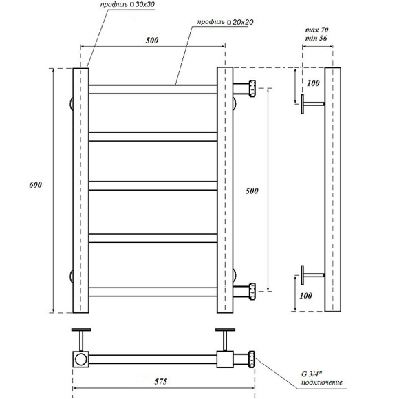 Водяной полотенцесушитель Point Вега PN71556 П5 500x600 с боковым подключением Хром Водяной полотенцесушитель Point Вега PN71556 П5 500x600 с боковым подключением Хром
