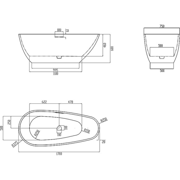 Ванна из искусственного камня Abber Dortmund 170x75 AM9911 Белая без гидромассажа