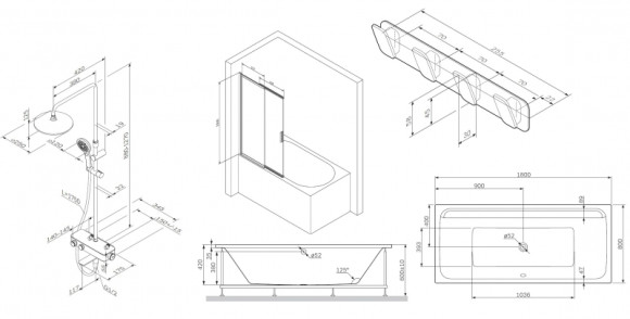 Комплект акриловой ванны AM.PM Inspire V2.0 180x80 WK52EB без гидромассажа с душевой системой со шторкой и аксессуарами