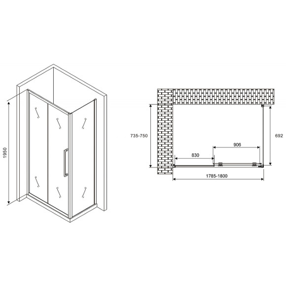 Душевой уголок Abber Schwarzer Diamant 180x75 AG30180BH-S75B профиль Черный стекло прозрачное Душевой уголок Abber Schwarzer Diamant 180x75 AG30180BH-S75B профиль Черный стекло прозрачное
