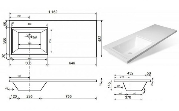 Раковина Эстет Даллас 115 L ФР-00001936 с местом под стиральную машину Белая