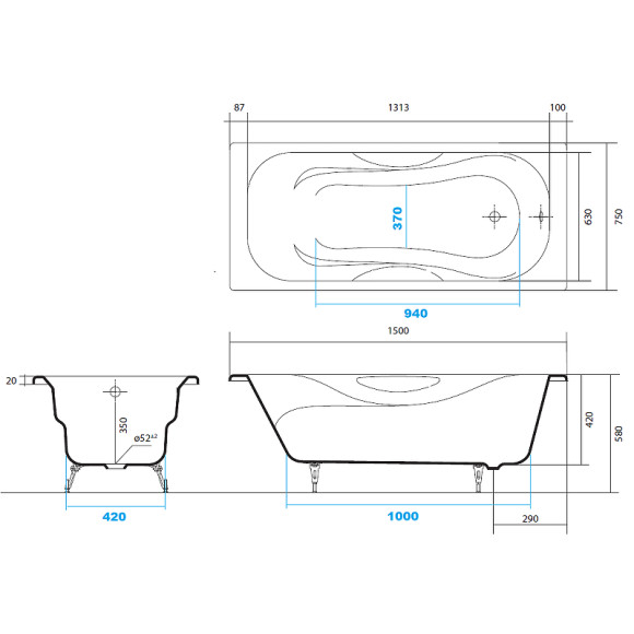 Чугунная ванна Aquatek Гамма 150x75 AQ8050F-00 без антискользящего покрытия