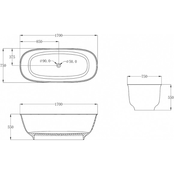 Ванна из полиэфирной смолы Abber Kristall 170х75 AT9707Onyx Черная без гидромассажа