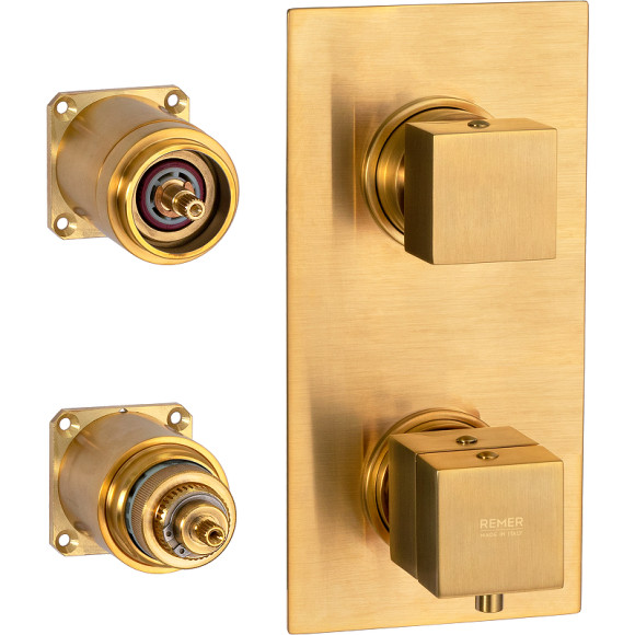 Смеситель для душа Remer Qubica Thermo QT92KBBG с термостатом Золото брашированное