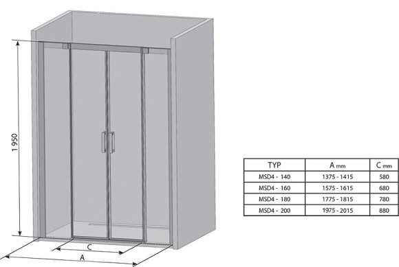 Душевая дверь Ravak Matrix MSD4-140 0WKM0100Z1 профиль Белый стекло Transparent Душевая дверь Ravak Matrix MSD4-140 0WKM0100Z1 профиль Белый стекло Transparent