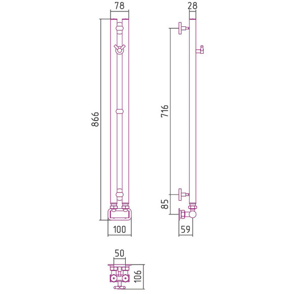 Водяной полотенцесушитель Сунержа Нюанс EU50+ 840х50 31-0212-0840 Черный матовый