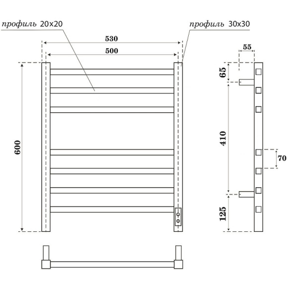 Электрический полотенцесушитель Point Вега PN71856GB П7 500x600 диммер справа Графит блеск